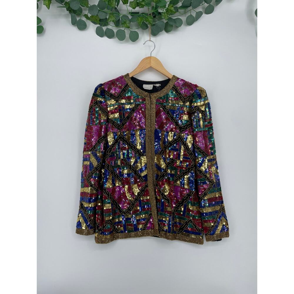 Lawrence Kazar Vintage Handmade Sequin Multicolor Silk Lined Blazer PL
